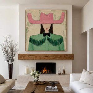 Pink Cowboy Hat and Green Fringe Portrait Wall Art styled interior scene 3 | OILDECO