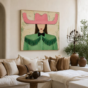 Pink Cowboy Hat and Green Fringe Portrait Wall Art styled interior scene 4 | OILDECO