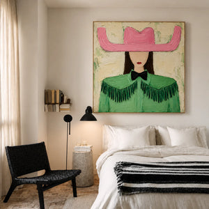 Pink Cowboy Hat and Green Fringe Portrait Wall Art styled interior scene 5 | OILDECO