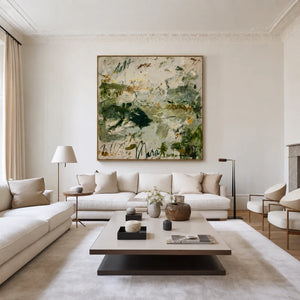 Forest Green Gestures on Ivory Abstract Wall Art styled interior scene 2 | OILDECO
