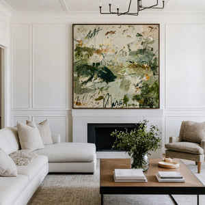 Forest Green Gestures on Ivory Abstract Wall Art styled interior scene 3 | OILDECO
