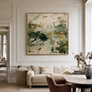 Forest Green Gestures on Ivory Abstract Wall Art styled interior scene 4 | OILDECO