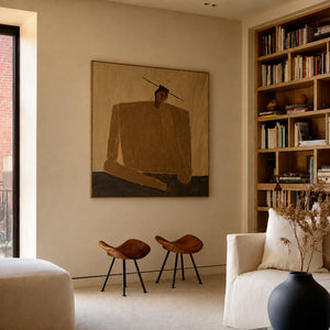 Ochre Seated Figure in Quiet Balance Wall Art styled interior scene 2 | OILDECO