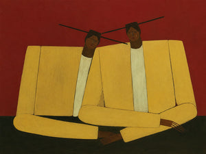 Mustard Jacket Companions on Rust Wall Art artwork view | OILDECO