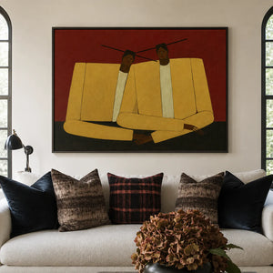 Mustard Jacket Companions on Rust Wall Art styled interior scene 1 | OILDECO