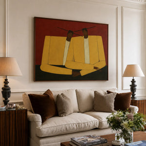 Mustard Jacket Companions on Rust Wall Art styled interior scene 2 | OILDECO
