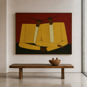 Mustard Jacket Companions on Rust Wall Art styled interior scene 5 | OILDECO