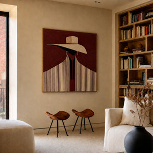 Ivory Hat and Burgundy Stripes Portrait Wall Art styled interior scene 2 | OILDECO