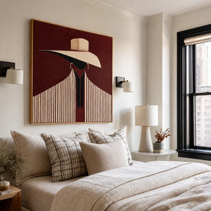 Ivory Hat and Burgundy Stripes Portrait Wall Art styled interior scene 3 | OILDECO