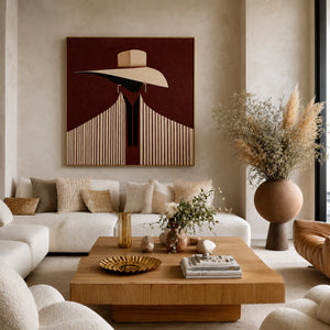 Ivory Hat and Burgundy Stripes Portrait Wall Art styled interior scene 4 | OILDECO