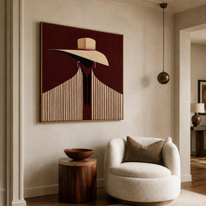 Ivory Hat and Burgundy Stripes Portrait Wall Art styled interior scene 5 | OILDECO