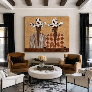 Cowprint Hat Duo with Wine Glasses Wall Art styled interior scene 1 | OILDECO