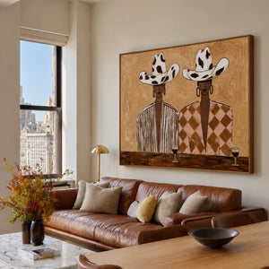 Cowprint Hat Duo with Wine Glasses Wall Art styled interior scene 4 | OILDECO