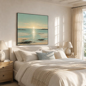 Sunlit Tide Coastal Wall Art styled in a modern living room | Oildeco