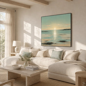 Sunlit Tide Coastal Wall Art displayed above a sofa in a neutral interior | Oildeco