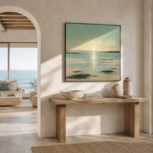 Sunlit Tide Coastal Wall Art shown in a calm bedroom setting | Oildeco