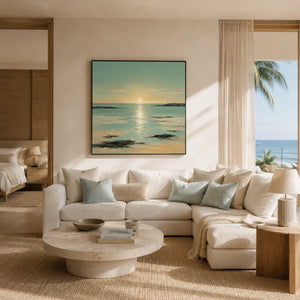 Sunlit Tide Coastal Wall Art styled in a modern living room | Oildeco