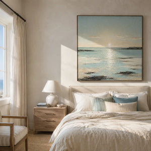 Sunlit Tide Coastal Wall Art styled with minimal interior decor | Oildeco