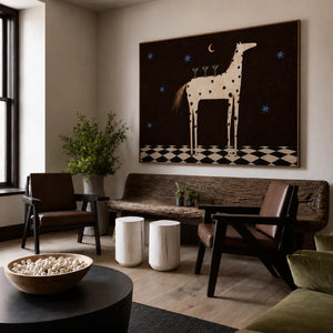 Spotted Horse with Three Cocktails under Stars Wall Art styled interior scene 4 | OILDECO