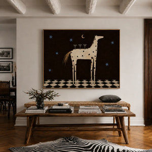 Spotted Horse with Three Cocktails under Stars Wall Art styled interior scene 5 | OILDECO