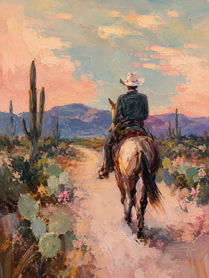 Desert Trail Rider beneath Peach Skies Wall Art artwork view | OILDECO