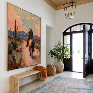 Desert Trail Rider beneath Peach Skies Wall Art styled interior scene 1 | OILDECO