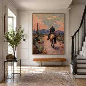 Desert Trail Rider beneath Peach Skies Wall Art styled interior scene 2 | OILDECO