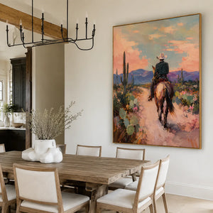 Desert Trail Rider beneath Peach Skies Wall Art styled interior scene 3 | OILDECO