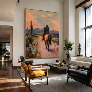 Desert Trail Rider beneath Peach Skies Wall Art styled interior scene 4 | OILDECO