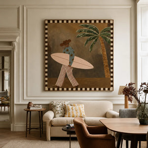 Star-Shirt Surfer beside a Palm Tree Wall Art styled interior scene 1 | OILDECO