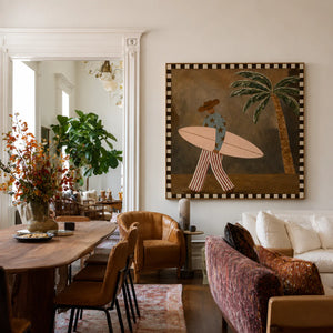 Star-Shirt Surfer beside a Palm Tree Wall Art styled interior scene 2 | OILDECO