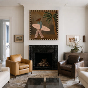 Star-Shirt Surfer beside a Palm Tree Wall Art styled interior scene 3 | OILDECO