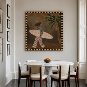 Star-Shirt Surfer beside a Palm Tree Wall Art styled interior scene 4 | OILDECO