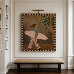 Star-Shirt Surfer beside a Palm Tree Wall Art styled interior scene 5 | OILDECO