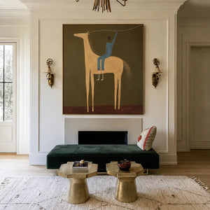 Blue Rider and Golden Long-Legged Horse Wall Art styled interior scene 1 | OILDECO