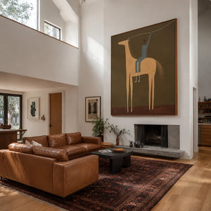 Blue Rider and Golden Long-Legged Horse Wall Art styled interior scene 2 | OILDECO