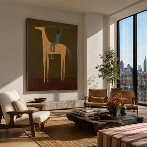Blue Rider and Golden Long-Legged Horse Wall Art styled interior scene 3 | OILDECO