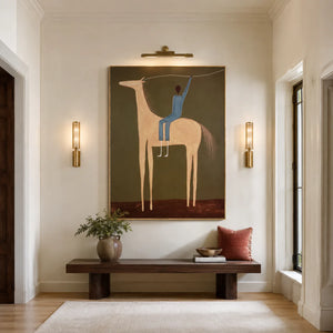 Blue Rider and Golden Long-Legged Horse Wall Art styled interior scene 4 | OILDECO