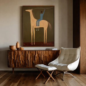 Blue Rider and Golden Long-Legged Horse Wall Art styled interior scene 5 | OILDECO
