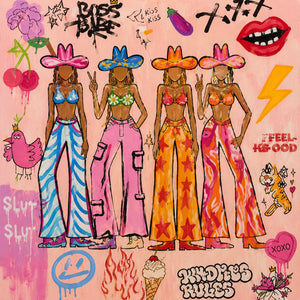Four Colorful Cowgirls in Pink Graffiti Wall Art artwork view | OILDECO
