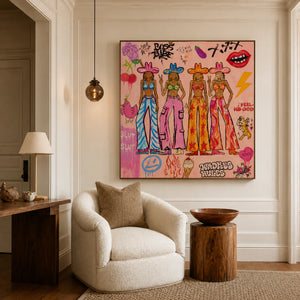 Four Colorful Cowgirls in Pink Graffiti Wall Art styled interior scene 1 | OILDECO