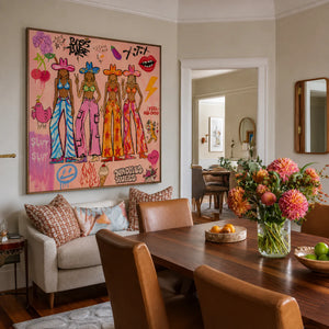 Four Colorful Cowgirls in Pink Graffiti Wall Art styled interior scene 2 | OILDECO