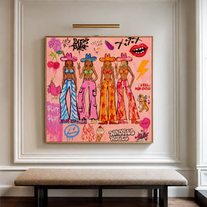 Four Colorful Cowgirls in Pink Graffiti Wall Art styled interior scene 3 | OILDECO