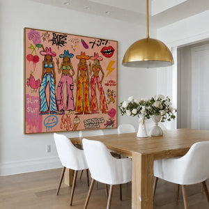 Four Colorful Cowgirls in Pink Graffiti Wall Art styled interior scene 4 | OILDECO