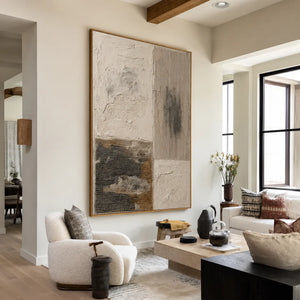 Ivory and Charcoal Patchwork Texture Wall Art styled interior scene 1 | OILDECO