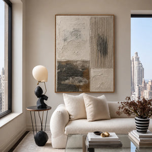 Ivory and Charcoal Patchwork Texture Wall Art styled interior scene 2 | OILDECO