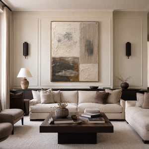 Ivory and Charcoal Patchwork Texture Wall Art styled interior scene 4 | OILDECO