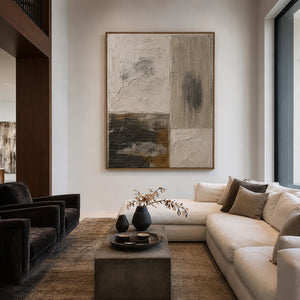 Ivory and Charcoal Patchwork Texture Wall Art styled interior scene 5 | OILDECO