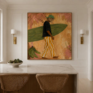 Olive Surfboard and Golden Stripes Wall Art styled interior scene 3 | OILDECO