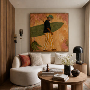 Olive Surfboard and Golden Stripes Wall Art styled interior scene 4 | OILDECO